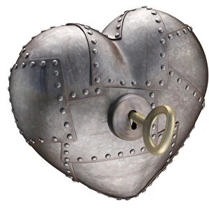 Metal heart with key, illustration