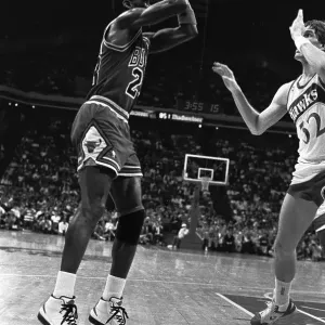 Michael Jordan Pushing Jon Koneck in Basketball Action Michael Jordan Pushing Jon Koneck in Basketball Action