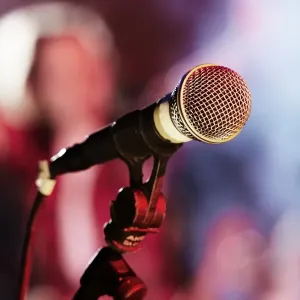 Microphone Print on Stage with Red Spotlight Microphone Print on Stage with Red Spotlight