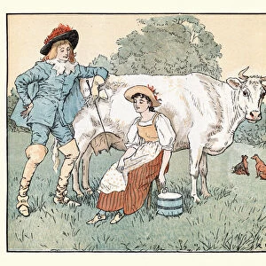The milkmaid milking to cow with the young squire