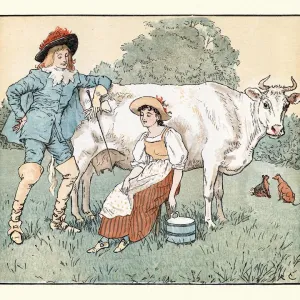 Vintage Print of The Milkmaid Milking a Cow with Young Squire Vintage Print of The Milkmaid Milking a Cow with Young Squire