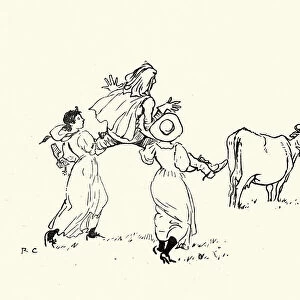 The milkmaids carrying to squire to the cow