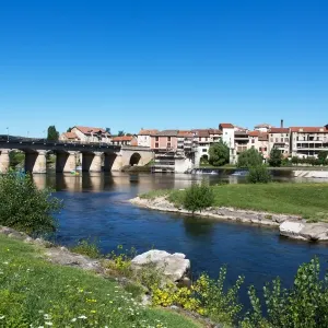 Millau Old Town Print at Tarn River with the Millau Viaduct in Background