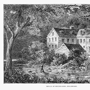 Mills at Rockland, Brandywine River, Rockland, Delaware, United States, American Victorian Engraving, 1872