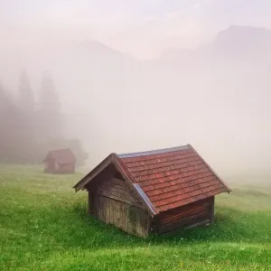 Misty Mountains Print: Two Small Huts and Karwendel Range