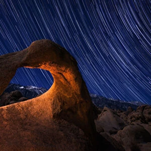 Mobius Arch with star trail in Sierra Nevada mountains