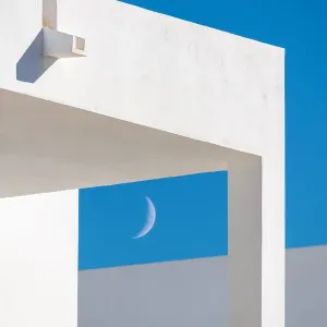 Modern Minimalist Architecture, buildings details with blue sky and half moon Modern Minimalist Architecture, buildings details with blue sky and half moon