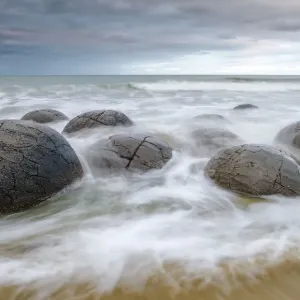 Moeraki Boulders, geological feature, round rock balls, washed by the waves of the surf at high tide, Coastal Otago, Moeraki, South Island, New Zealand, Oceania Moeraki Boulders, geological feature, round rock balls, washed by the waves of the surf at high tide, Coastal Otago, Moeraki, South Island, New Zealand, Oceania