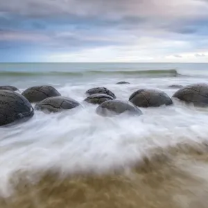 Moeraki Boulders, geological feature, round rock balls, washed by the waves of the surf at high tide, Coastal Otago, Moeraki, South Island, New Zealand, Oceania Moeraki Boulders, geological feature, round rock balls, washed by the waves of the surf at high tide, Coastal Otago, Moeraki, South Island, New Zealand, Oceania