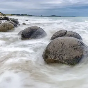 Moeraki Boulders, geological feature, round rock balls, washed by the waves of the surf at high tide, Coastal Otago, Moeraki, South Island, New Zealand, Oceania Moeraki Boulders, geological feature, round rock balls, washed by the waves of the surf at high tide, Coastal Otago, Moeraki, South Island, New Zealand, Oceania