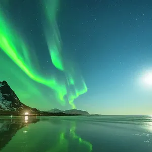 Moonlight over Skagsanden beach under Northern Lights Moonlight over Skagsanden beach under Northern Lights