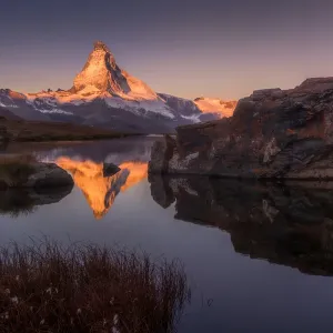 Morning view at Stellisee lake with Matterhorn background Morning view at Stellisee lake with Matterhorn background