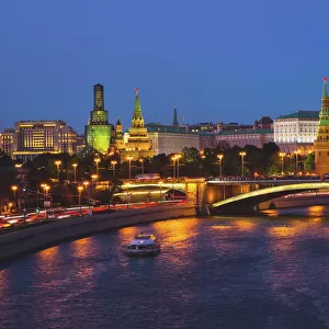 Moscow Kremlin and Moskva River Illuminated at Dusk, Russia
