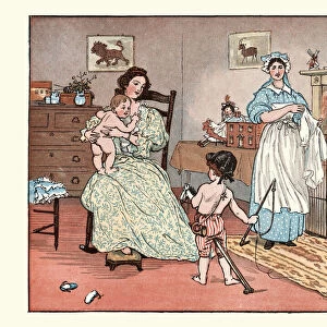 Mother, nanny dressing baby in the nursery, boy playing with Hobby horse, Victorian