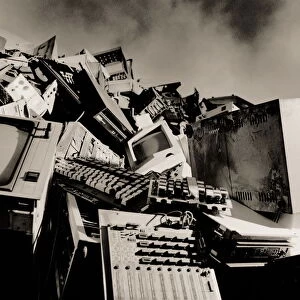 Mound of discarded computers and computer parts (B&W)