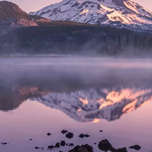 Mount Bachelor by lake in fog, Sparks Lake, Oregon, USA