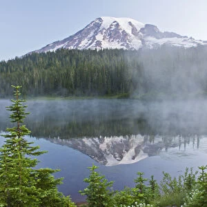 Mount Rainier and Reflection Lakes in fog, Mount Rainier National Park, Washington State, USA