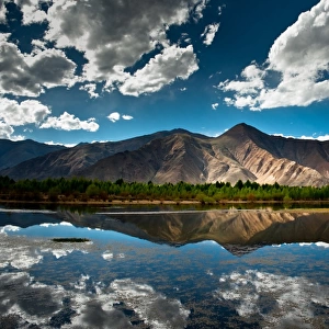 Mountain range in Tibet with its reflection