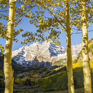 Mountains framed by autumn aspens, Maroon Bells, Colorado, USA