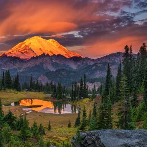 Mt. Rainier National Park and Tipsoo Lake at sunrise, Washington State, USA