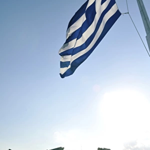 National Greek flag with the Parthenon on the background