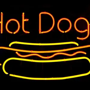 Neon Hot Dog Print on Black Background Neon Hot Dog Print on Black Background