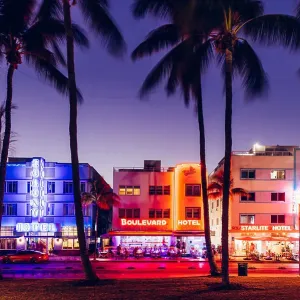 Neon Light Illuminated Art Deco Buildings Print