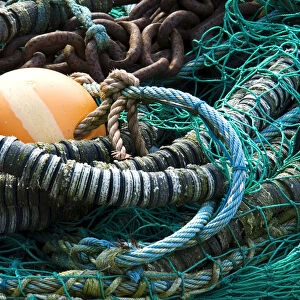 Nets and fishing equipment in the port of Sassnitz, Ruegen, Mecklenburg-Western Pomerania, Germany, Europe