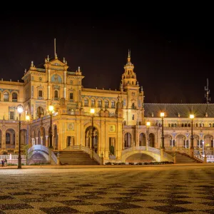 Night view of Plaza de Espana, Seville, Spain