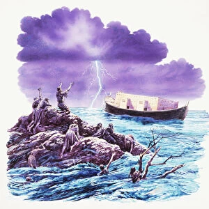 Noahs ark in middle of rough sea, with people stranded on rock looking out to the ark at sea for help, holding on to broken tree branches. Sea turquoise in color, the sky navy / purple shade with a shock of white lightening