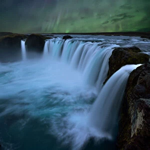 Northern Lights at Godafoss Waterfall in Iceland