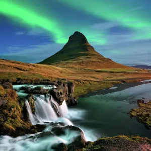 Northern Lights above Iceland Kirkjufell mountain