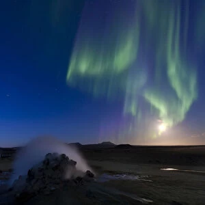 Northern lights, full moon, solfatara, fumaroles, sulphur and other minerals, steam, Hverarond high temperature or geothermal area, Namafjall mountains, Myvatn area, Northeastern Region, Iceland