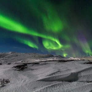 Northern lights over the snow-capped mountains