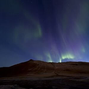 Northern lights, sulphur and other minerals, steam, Hverarond high temperature or geothermal area, Namafjall mountains, Myvatn area, Northeastern Region, Iceland