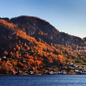 Norwegian fjord village drenched in autumn