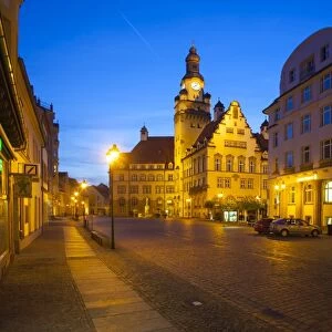 Obermarkt market square with the Town Hall at dusk, Dobeln, Saxony, Germany