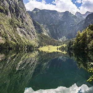 Obersee lake with water reflection, Salet on lake Konigssee, Berchtesgaden National Park, Berchtesgadener Land district, Upper Bavaria, Bavaria, Germany