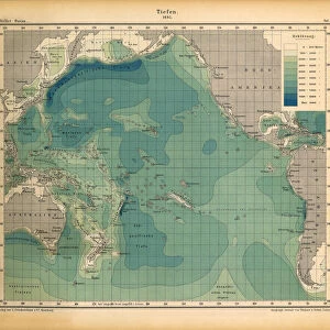 Ocean Depth Chart, Pacific Ocean, German Antique Victorian Engraving, 1896