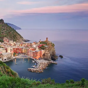 Oceanside town at sunset, Vernazza, Italy