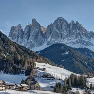 Odle mountains and the town of Santa Maddalena in Val di Funes, Dolomites, South Tyrol, Italy