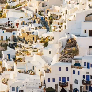 Oia village at sunset, Santorini, Greece Oia village at sunset, Santorini, Greece