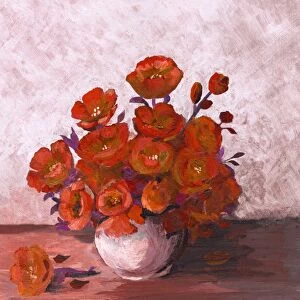 Oil painted bunch of red poppies arrangement in white vase