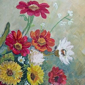 Oil painted multi colored daisy family flowers