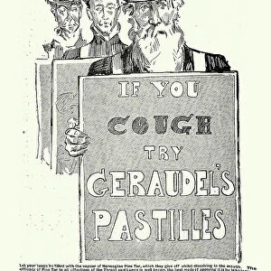 Old advert for Geraudel's cough pastilles, men carrying sandwich advertising board, 1890s, 19th Century