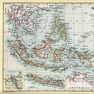 Old Antique map East indian Archipelago, Indonesia, Siam, Java, Batavia, Philippines, Papua New Guinea, 1890s, Victorian 19th Century history