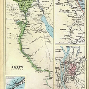 Old Antique map of Egypt, detail of River Nile, Alexandria, Cairo, 1890s, Victorian 19th Century history