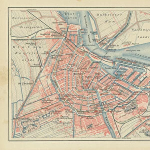 Old chromolithograph map of Amsterdam, capital and most populous city of the Netherlands