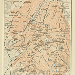 Old chromolithograph map of Brussels, officially the Brussels-Capital Region, region of Belgium comprising 19 municipalities, including the City of Brussels, which is the capital of Belgium