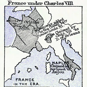 Old chromolithograph map of France under Charles VIII